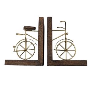 Vintage Wood And Gold Toned Metal Bicycle Book ends. 5.5 x 7.5 x 3.5.